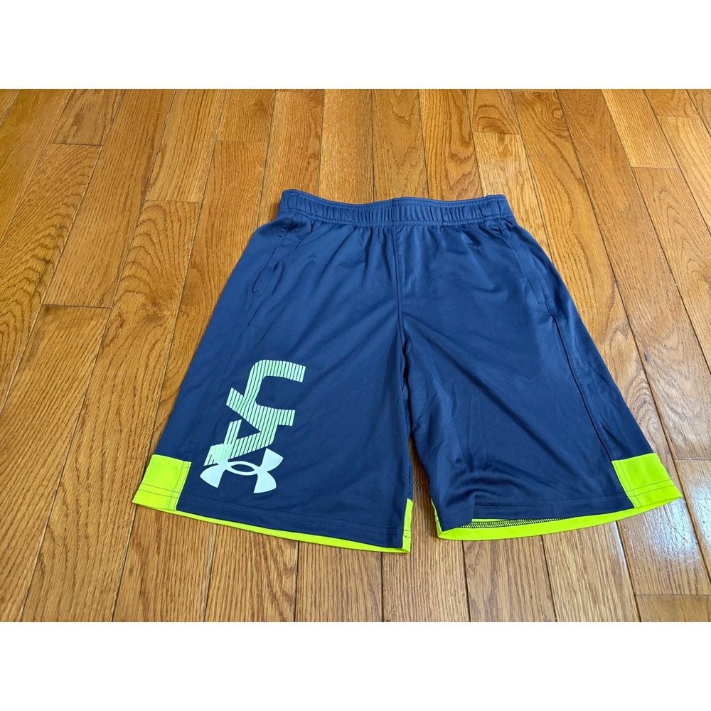 Under Armour Kids Navy Blue Lime Green Graphic Athletic Shorts Loose Fit YLG L